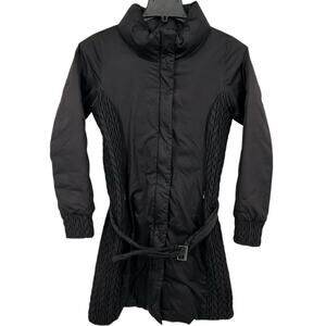 Women's Black Patagonia Sasha Goose Down Fill Parka Trench Jacket Sz S W/ Belt